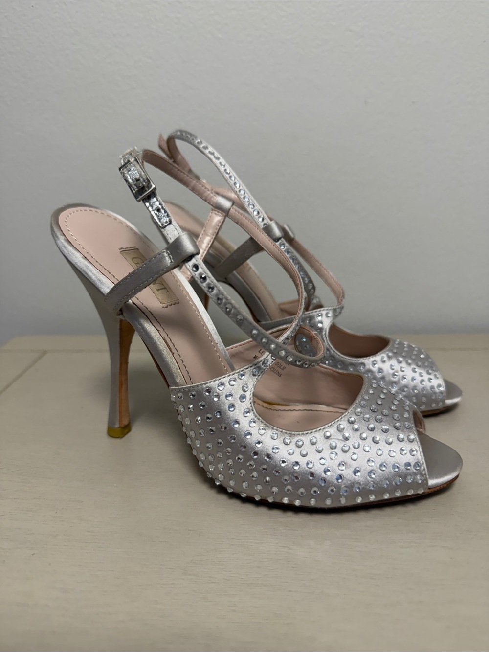 GLINT Silver Satin Rhinestone Peep Toe Heeled Sandals Slingback Pumps Size 5M